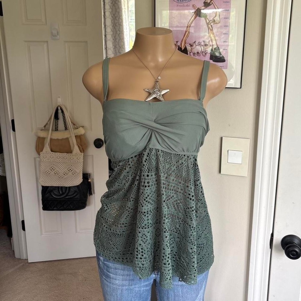 Y2K 2000s Sage Green Eyelet Babydoll Top